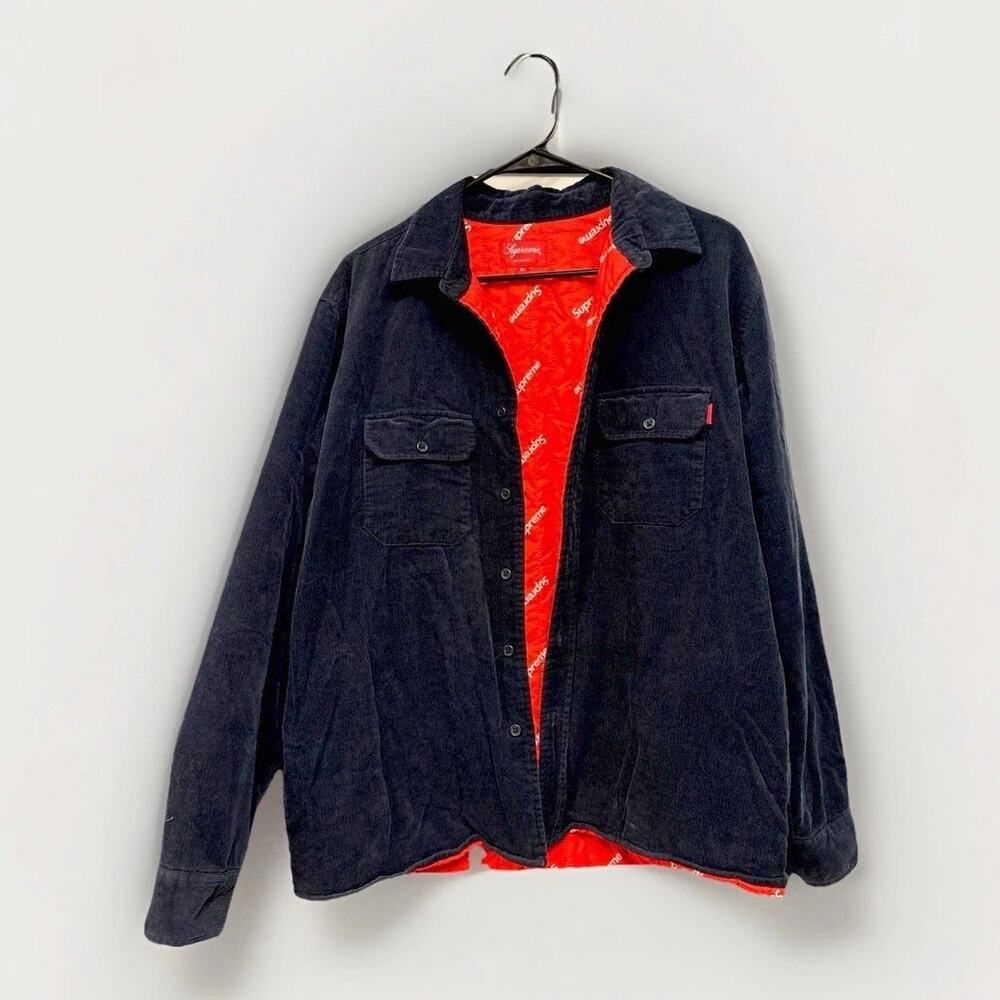 Supreme Men’s Corduroy Medium Long Sleeve Quilted Blue Shirt w/ Pockets FW17